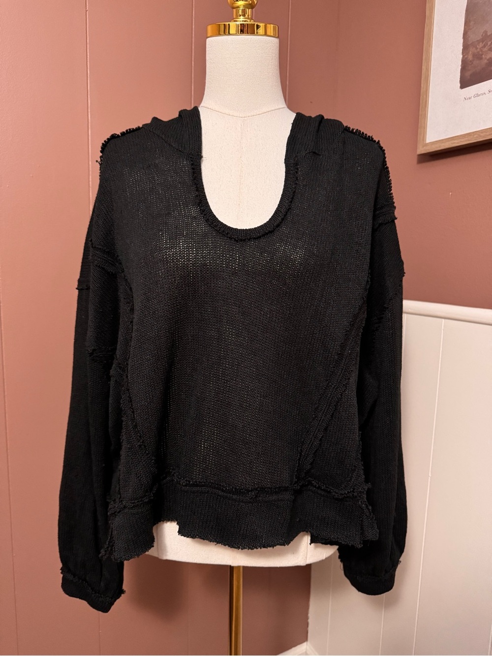 eesome Black Distressed Lightweight Hooded Knit Sweater NWT